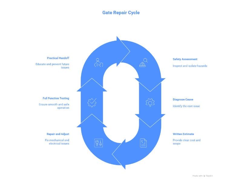 Automatic & manual gate repair in Alvin, TX – step-by-step gate repair cycle: safety check, diagnose issue, estimate, repair & adjust, test, and handoff.