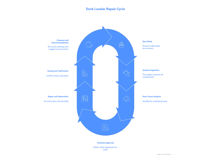Dock leveler repair cycle (inspection, estimate, repair, testing, closeout) infographic – Dock Leveler & Dock Equipment Repair Alvin, TX