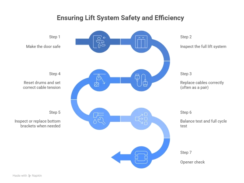 Garage Door Cable, Drum & Bottom Bracket Repair in Alvin, TX – Step-by-step process infographic for cable, drum, and bottom bracket repair service
