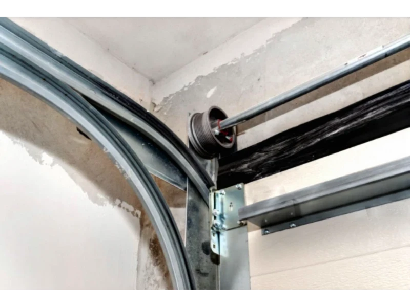 Close-up of torsion cable drum setup on garage door track for repair service in Alvin, TX.
