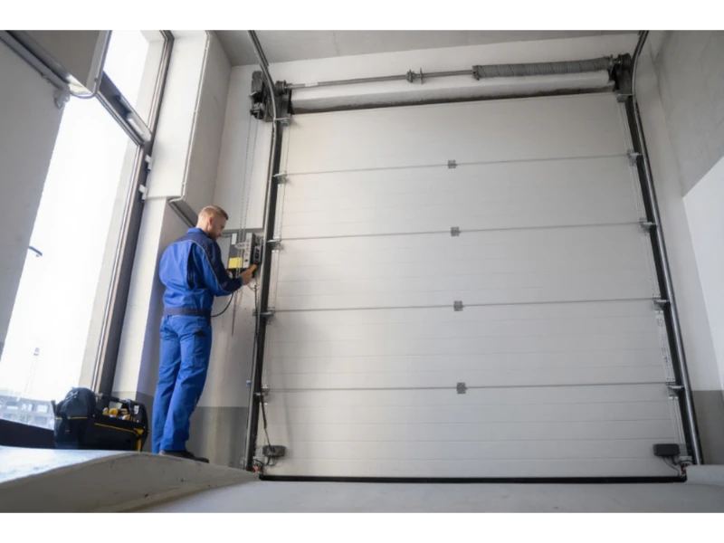 Garage Door Opener Installation in Alvin, TX - technician setting up commercial overhead door controls
