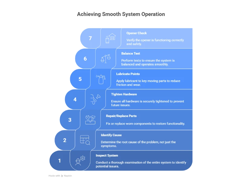 Checklist-style infographic showing our garage door roller, track, and hinge repair process in Alvin, TX.
