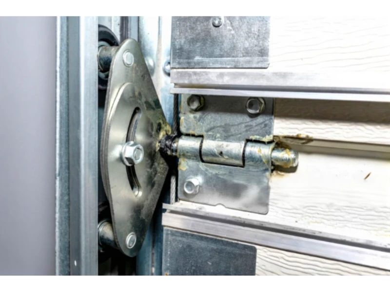 Side view of garage door hinge, roller, and cable area near the track in Alvin, TX.