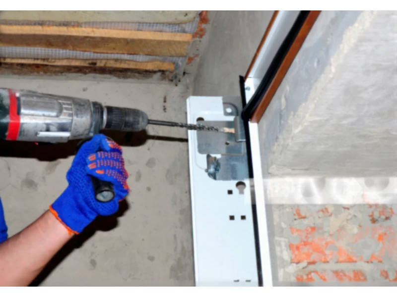 Technician drilling and installing a garage door track mounting bracket on the wall in Alvin, TX.