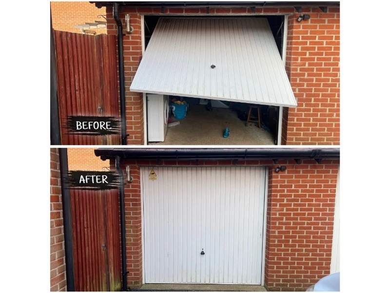 Before-and-after garage door repair showing a safe, fully working door in Alvin, TX.
