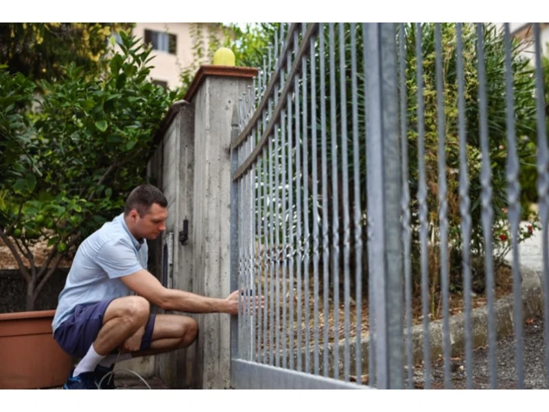 Best & Reliable Garage Door repair services in Alvin, TX – technician inspecting a driveway gate for alignment and smooth operation (Alvin, TX area)
