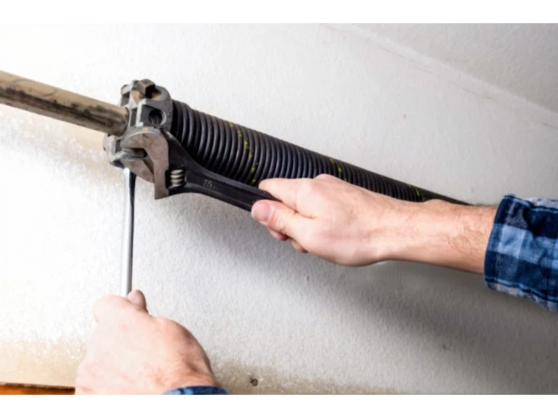 Securing set screws while winding a torsion spring during garage door spring repair in Alvin, TX.