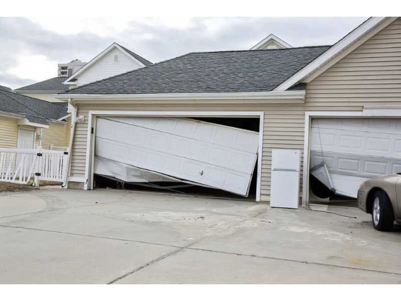 Off-Track Garage Door Repair in Alvin, TX – garage door collapsed and stuck off track.
