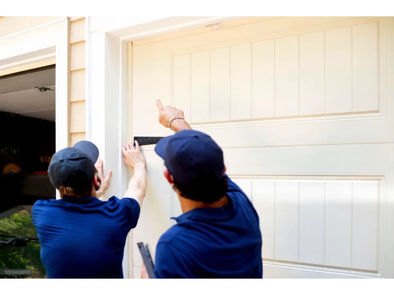 Technicians measuring garage door panel for seal fit and rodent exclusion in Alvin, TX