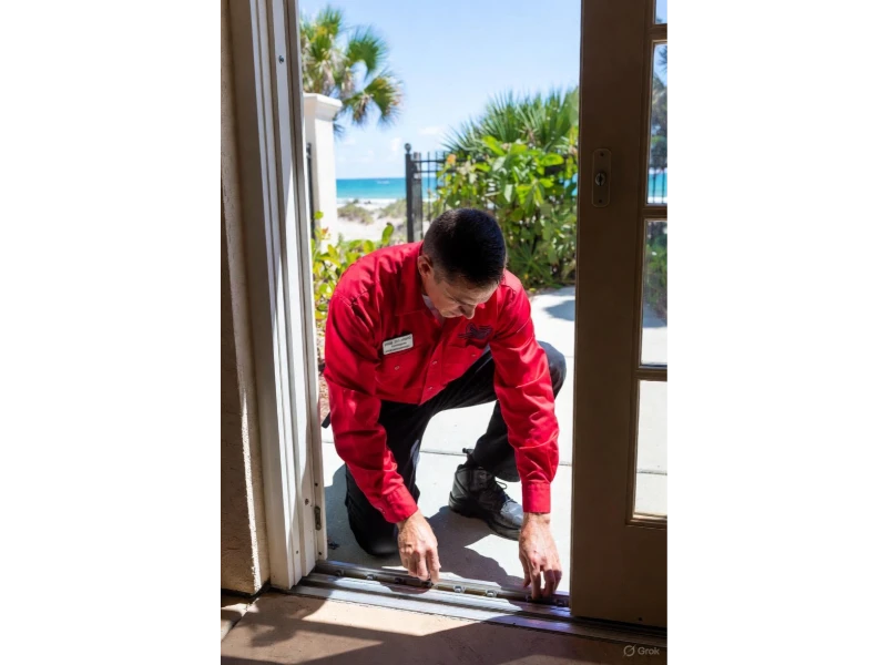 Technician installing threshold seal to block water, dust, and pests in Alvin, TX